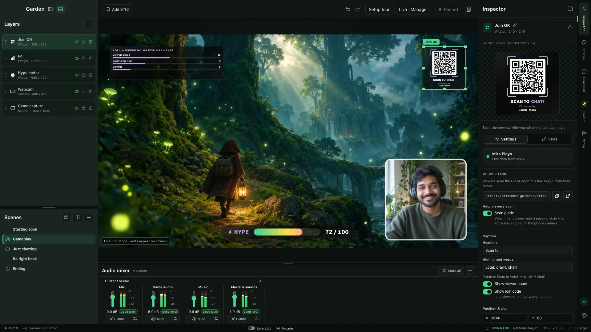 Garden Desktop in Live Edit Mode: layers on the left, a forest game with a live poll, hype meter, join QR and webcam on the canvas, the audio mixer below, and the Inspector on the right.